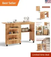 Folding Sewing Craft Table, Sewing Cabinet with 3 Storage Bins and Shelf, Rol...