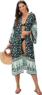 [RanRui] floral Long Kimonos for Women,plus size swimwear beach kimono cover ups kimono robe duster Beach Bikini Cover Up