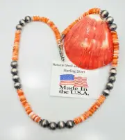 Navajo Pearls Necklace Sterling Silver Orange Spiny Oyster Shell Beads 26 " Long