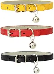 3 Pack Leather Cat Collars with Bells Soft Pet Safety Collar Kitten Collars with Bell (Black+Red+Golden, One Size)