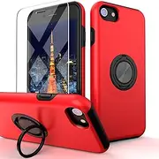 Yamink for iPhone SE 2020 Case with Screen Protector,Hybrid 2 in 1 Protective Slim Fit Case with Invisible Magnetic Ring Kickstand for iPhone 7/8/SE 2nd/SE 3rd,Red