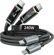 SooPii 240W USB C to USB C Cable, 1.2M-2Pack Fast Charging USB C Cable with LED Display, Nylon Type C Charging Cord for iPhone 16/16 Plus/16 Pro/16 ProMax/15, iPad Pro/Air, Galaxy S24 Ultra, Black
