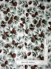 Christmas Fabric 1.7 Yards Pine Cone Sprigs Silver Glitter Cotton David Textiles