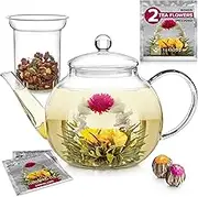 Teabloom Teapot Gift Set – Stovetop Safe Glass Teapot with 2 Gourmet Blooming Teas & Removable Glass Infuser for Loose Leaf Tea – Holds 6-8 Cups (40 oz /1200 ml) Classic Teapot + Glass Infuser Clear