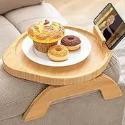 ANJIAOSHOU Wooden Sofa Armrest Tray Table With Swivel Mobile Stand, Clip-on for Wide Sofas, Foldable for Eating and Drinking (Round)