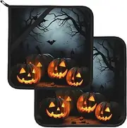 2 Pack Pot Holders for Kitchen Heat Resistant Potholders Halloween with Pumpkins Pot Holders Set Washable Hot Pads with Loop Non Slip Potholders for Cooking Baking BBQ Microwave 8 x 8 Inch