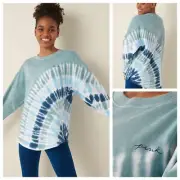 Vs Victorias Secret Pink Varsity Crew Sweater Jacket Top Oil Blue Tie Dye S