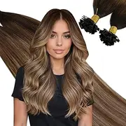 Ugeat Flat Tip Keratin Hair Extensions 20inch Prebonded Flat Tip Hair Extensions Balayage Darkest Brown to Medium Brown and Dirty Blonde Natural Soft Hair 50g 50Strands Flat Tip Fusion Hair