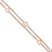 Sterling Silver Rose-Tone Polished Heart 9In Plus 1In Anklet