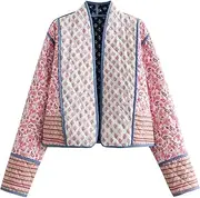 [Arssm] Women Floral Quilted Puffer Jacket Cropped Lightweight Patchwork Vintage Padded Short Coat Outerwear