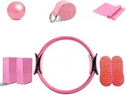 8Pcs Yoga Starter Sets Yoga Ball Magic Ring Pilates Circle Stretch Strap Yoga Blocks Non Slip Socks for Home Workout Fitness Kit,Pink