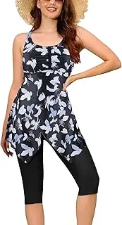 [Ecupper] Women's Tankini Set Swimming Dress Floral Pattern Swimsuit with Shorts Swimsuit Plus Size, Leaf, 3X-Large