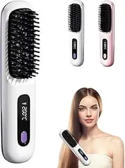Cordless Hair Straightener Brush, 7.8" Mini Hair Straightener with LCD Temperature Display, Portable Hair Straightener Comb for Travel, Negative Ionic Brush Straighteners for Women (White)