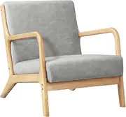 OIKITURE Modern Accent Chair - Wooden Armrest High Back Support with Comfortable Angle, Extra Large Armchair for Bedroom Living Room, 150KG Weight Capacity, Light Grey