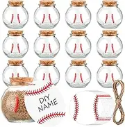 Sand Keepsake Jar 12PCS 3.4 oz Baseball Printed Round Jar with Cork Lid, 12 Baseball Cardstock and 12 Hemp Ropes, Round Shaped Glass Bottle for Baseball Team Sport Party Favors Gift