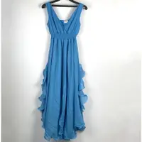 在飛比找蝦皮購物優惠-200204藍色無袖v領荷葉長洋裝小禮服
