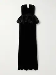 [Self-Portrait] Self-Portrait - Strapless Cutout Velvet Peplum Maxi Dress - Black - UK 10 UK 10 Black