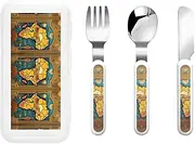 Abstract World Map 3 Piece Set For Camping Stainless Steel Flatware, Spoon, Fork, Knife, Ideal For Outdoor