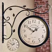 Station Clock Double-Sided Wall Clock Retro Station Clock Outdoor Area, Vintage Antique-Look Holder Station Clock for Indoor Garden, Old Station Clock A