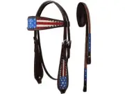 Tahoe Patriotic USA Flag Browband Leather Western Headstall with Reins