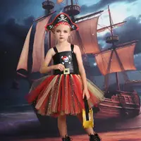 在飛比找蝦皮購物優惠-童裝萬聖節兒童海盜扮演tutu裙化裝舞會骷髏頭女童連衣裙套裝