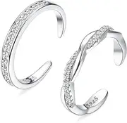 [JeryWe] 2 Pcs Sterling Silver Toe Rings for Women Teen Girls Adjustable Knuckle Band Toe Rings CZ Twist Stylish Summer Beach Open Toe Ring Foot Jewelry Set