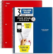 Five Star Spiral Notebooks Plus Study App, 2 Pack, 3 Subject, College Ruled Paper, 11" x 8-1/2", 150 Sheets, Blue & Red (38502)