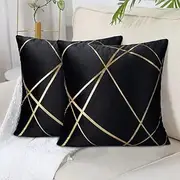 45 x 45 cm Velvet Cushion Cover, Black, Set of 2, Golden Geometry Decorative Cushion Cover for Outdoor & Bedroom