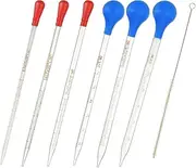 uxcell Graduated Dropper Pipettes Kit, 6 Pcs 0.5/1/2/3/5/10ml Borosilicate Glass Pipette with Blue Rubber Cap and Brush for Transfer Liquid for Lab, Chemistry, Clear