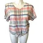Style & Co Madras Plaid Tie Front Petite Blouse Size Large