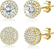 [Dochais] Cubic Zirconia Stud Earrings for Men Women, 14K Gold Plated Hypoallergenic 925 Sterling Silver Post Earrings Set, Iced Out Round & Square CZ Studs, Simulated Diamond Halo Earrings