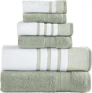 [Modern Threads] 6 Piece Set, 2 Bath Towels, 2 Hand Towels, 2 Washcloths, Quick Dry White/Contrast Reinhart Sage