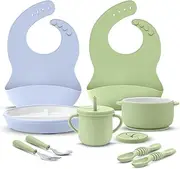Teenyyou 9 Pcs Porcelain Baby Feeding Set Porcelain Kids Plates and Bowls with Suction Set, Ceramic Toddler Forks Spoons Cup Bib Microwave Dishwasher Safe(Sweets)