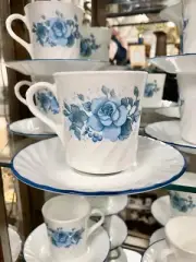 Set of 12 Corning Pyrex Blue Velvet Cups & Saucers Roses Coffee Tea Mug