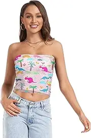 [RPLIFE] Colorful Dinosaurs Summer Pink Tube Crop Tops for Women, Sexy Tube Tops, Sheer Tube Tops, Tube Tops for Women Summer (S)