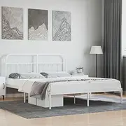 Bed Frame, Bed Base Bedstead Bedroom Platform Furniture Metal Bed Frame with Headboard White 183x203 cm King Size