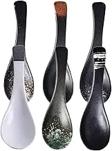 COLLBATH 6Pcs Ceramic Soup Spoons Vintage Japanese Style Short Handle Utensils for Soup Porridge and Serving Heat Resistant Unique Design Colors Snowflake Green Jade Yellow Black Snowflake
