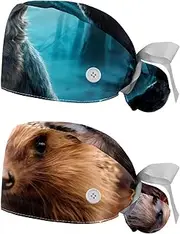 [YTYVAGT] 2-Pc,Nurse Scrub Caps,Scrub Hats with Buttons and Cotton Sweatband,Jungle Animal Wolf Pattern