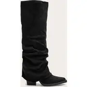 Black Faux Suede Point Toe Fold Over Block Heel Knee High Boots, Black