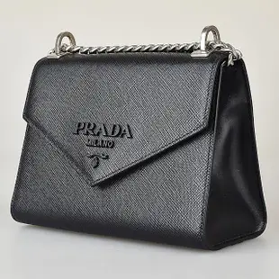 【PRADA 普拉達】PRADA MONOCHROME字母LOGO防刮牛皮鏈帶釦式斜背包(黑)