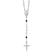 Sterling Silver Polished And Black Crystal Bead Rosary 23.5 Inch Necklace