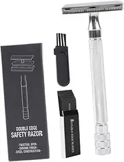 Ipetboom Traditional Metal Razor Set Manual Shaver Brush 5 Double-sided Blades for Home Travel