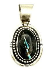 Navajo Handmade Blackjack Turquoise Old Style Silver Pendant By Kevin Max