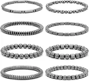 [GolbalJew] 8 Pcs Hematite Bracelets for Men Women Stretch Stone Beaded Bracelets Set Unisex Jewellery Gift, Medium, no gemstone