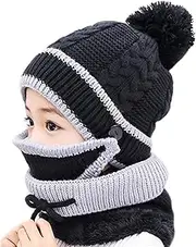 [DuBom] 3-in-1 Winter Knit Beanie Hat Scarf Mouth Cover Set for Kid Girls Boys Fleece Lining Cap with Pompom