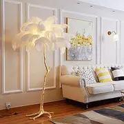 Feather Floor Lamp with LED Light, Dimmable Standing Lamp, Sheer Shade with Colourful Feathers, Foot Switch Control,White,120x80cm/47x32in
