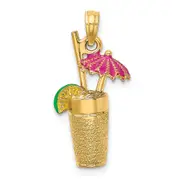 14k Yellow Gold 3-D Cocktail Drink w/Fuschia Enamel Umbrella and Lime Charm