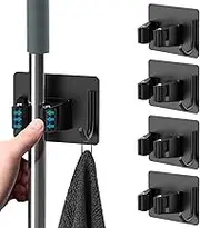 Mop Broom Holder, No Drill, Mop Broom Organizer, Wall Mounted Heavy Duty with Hooks Hanger, Storage Rack Self Adhesive 4Pcs for Bathroom, Kitchen, Office, SUS304 Stainless Steel (Black 4Pcs)