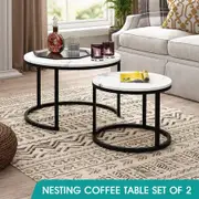 2 Round Coffee Table Nesting Bed Side Sofa Couch End Tea Cafe Nightstand Lounge Lamp Desk Cocktail Modern Black White Faux Marble Top Room Furniture