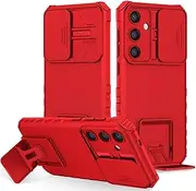 [YJZSKRXFAK] Slide Lens Camera Cover Case for Samsung Galaxy A25 5G with Built-in Kickstand, Heavy Duty Shockproof Full Body Rugged Case for Samsung Galaxy A25 5G-Red